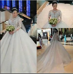 Luxury Ball Gown Wedding Dresses Cathedral Length Long Train Bridal Gowns Full Sleeves Lace Appliques Crystals Beaded Arabic Dubai Bride Wear 2023