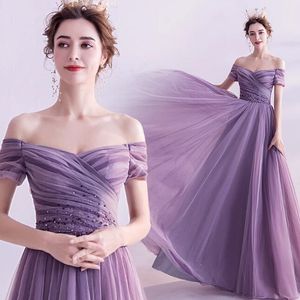 Lila Kurzarm-Tüll-Brautjungfernkleid, bodenlanges Partykleid