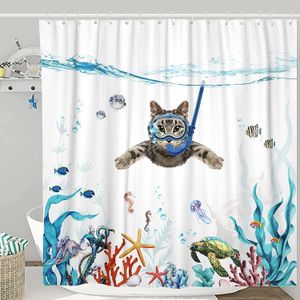 Cortinas engraçadas de cão de cão de mergulho Cortina de chuveiro oceano Octopus Starfish Turtle Fish Life Marine Fask Fabric Kitchen Cortes de banheiro