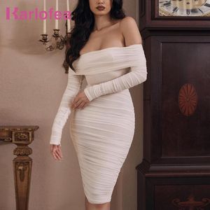 Casual Dresses Karlofea White Mesh Wedding Party Dress Elegant Off Shoulder Long Sleeve Ruched Midi Spring Everyday Wear Wrap