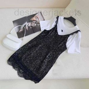 Grundläggande avslappnade klänningar Designer Summer New Girls 'Fake Two Piece White T Panel Black Sequin Lace Dress 8591