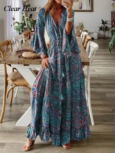 Basic Casual Dresse Vintage Bohemian Maxi Dresses 2023 Summer VNeck Flare Sleeve Dress Female Beach Floral Print Big Swing Long 230612