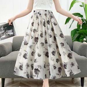 Skirts Vintage Long Leather Fashion Loose Snow Flower Print Princess Swing A-line Skiing Summer Women's Vacation Casual Jupe G220606