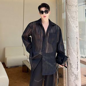 Men's Casual Shirts SYUHGFA Korean Style Transparent Men's Fashion Striped Summer Trendy Long Sleeve Mesh Tops Perspective Clothing