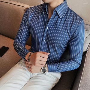 Мужские повседневные рубашки в британском стиле мода с длинным рукавом полосатый для мужской одежды 2023 Slim Fit Form Business Formal Office Blouse Homme