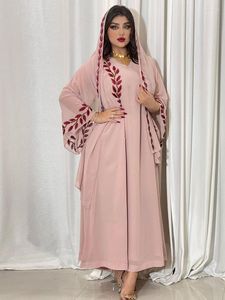 Casual klänningar mode chiffong blommor broderad abaya hijab klänning för kvinnor rosa v hals långärmad lös arabisk muslimsk dubai marockansk