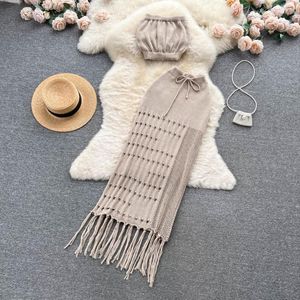 Work Dresses 2023 Summer Holiday Beach Suit Women's Short Sets Bohemian One Piece Vest Wrapped Hip High Waist Fringe Two Set For Women
