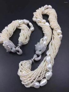 Catene 8 file di perle d'acqua dolce bianche vicino alla collana rotonda da 3-5 mm Bracciale da 19 pollici Chiusura leopardata Perline naturali all'ingrosso