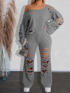 Женские брюки с двумя частями модные повседневные наборы женские обзоры 2023 летняя сексуальная дыра холодное плечо Топы с длинным рукавом