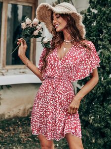 Msfilia V Neck Ruffle Sleeve Swing Floral Print Women's Dress Spring Summer Red Ladies Short