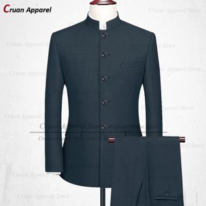 Ternos mais recentes da marca plus size ternos de túnica chinesa para homens fino melhor homem noivo casamento smoking conjunto azul gola jaqueta calças 2 pçs