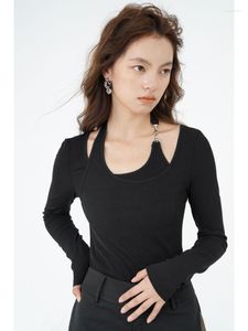 女性のTシャツHouzhouサイバーY2KハーターブラックTシャツ女性ヒッピーエッジーなスタイルパッチワーク不規則な長袖クロップトップ