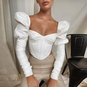 T-Shirts Yimunancy Puff Sleeve Crop En İyi Kadınlar Uzun Kollu Budier Top 2020 Sonbahar Bayanlar Siyah/Beyaz Zarif Top Sokak Giyim