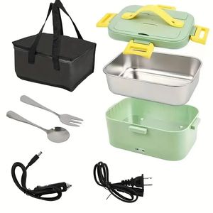 1 set 110 V + 12 V / 24 V Riscaldatore elettrico Lunch Box Riscaldatore per alimenti 2 Scomparti Riscaldatore alimentare portatile a prova di perdite Set pranzo con scatola Anello di tenuta Forchetta Cucchiaio Borsa isolante