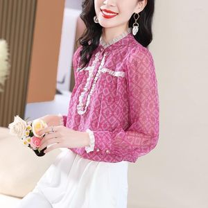 Kvinnor BLOUSES 2023 Spring Autumn Temperament Patchwork Stand Collar Long Sleeve Shirts Ladies Fashion Printing Chiffon Blus Women Clothhe