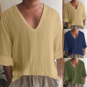 Męskie koszule w stylu vintage bawełniane lniane koszuli mężczyźni oddychają długie rękaw duże topy letnie v szyja boho styl męski blusa camisa