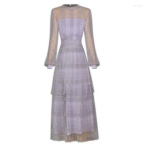 Casual Dresses 2023 Spring Summer Women Sexig Sheer See Through Throwidered Violet Brand Dress Round Neck Lantern Sleeve Midi Längd