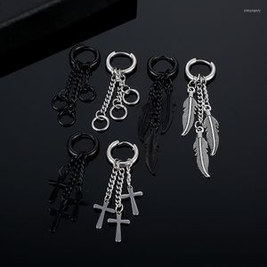 Hoop Earrings WKOUD Korean Version Of The Tassel Chain Feather Stainless Steel Coil Titanium Ear Bone Buckle Men's Hip Hop