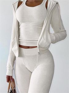 Kadınlar iki parçalı pantolon habbris sonbahar gündelik 3 üç set eşofman kıyafeti 2023 uzun kollu fermuarlı kapüşonlu mahsul üst sıska eşleşme