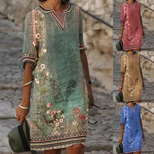 Kwiatowy nadruk zwyczajny v szyja A-line sukienka damska wiosna letnia pół rękawia retro styl etniczny luźna elegancka koszulka
