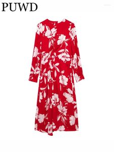 Casual Dresses Puwd Women Fashion Red Floral Printed Dress 2023 Spring Vintage O Neck Back dragkedja Långärmare Kvinna Mujer