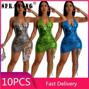 Casual Dresses 10 Pcs Y2k 2023 Bodycon Night Club Solid Sleeveless Halter Draw String Sexy Dress Wholesale Item Womens Clothing S11430