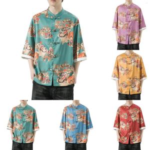 Agasalhos masculinos Vintage Gola Tang Manga Curta T-Shirt Terno Masculino Placa Fivela Casual Hanfu Tops Respirável Casa Chinelo Meia