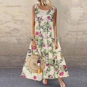 Vestidos casuais estampa floral vestido boêmio verão sem mangas gola o algodão linho feminino boho férias praia S-5XL