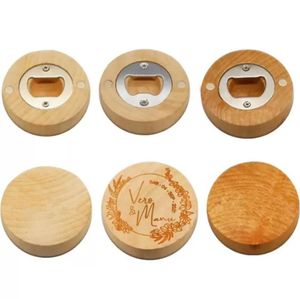 Kan anpassa graveringslogotyp tomt DIY Wood Round Bottle Opener Coaster Kylskåp Kylskåp Magnet Dekoration Partihandel GG