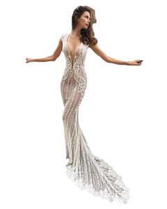 Sexig Berta Illusion Top Mermaid Wedding Dresses Deep V Neck spetsar Appliced ​​Bridal Bowns Vestido de Novia Cap Sleeve Beach Wedding Dress