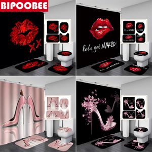 Curtains Red Lips Bathroom Curtain Set Pink High Heel Bath Mat Sets Shower Curtains with Hooks Black NonSlip Pedestal Rug Toilet Cover