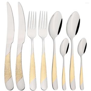 Dinnerware Sets Drmfiy 8Pcs Luxury Gold Cutlery Set Vintage Western Stainless Steel Tableware Knife Fork Tea Spoons Silverware