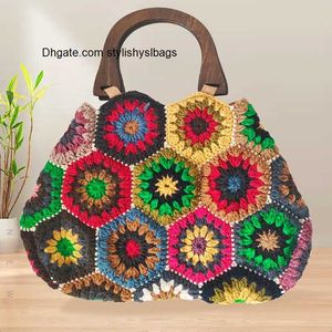 Schoudertassen Bohemian Oma SquareGehaakte Dames Handtassen Vintage Houten Gebreide Handtassen Handgemaakte Geweven Grote Tote Big Shopper Portemonnees 2023