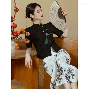 Etnik Giyim Modern Çin tarzı Tang Takım Kadınlar için Siyah Jakard Yeşil Düğme Gömlek Bambu Baskılı Etek Geliştirilmiş Retro Cheongsam