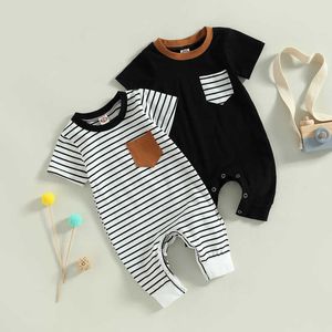 Jumpsuits Cotton jumpsuit Fashion Short sleeved summer baby clothing Striped pockets G220606