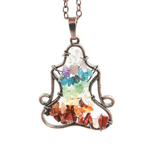 JLN Seven Chakra Chip Stone Yoga Pendant Vintage Red Copper Plated Meditation Pendants With Brass Chain Leather Chain Necklace For Man Woman Jewelry