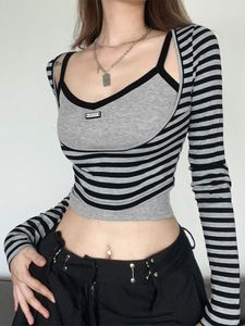 Women's T-Shirt Y2K Striped Crop Top Women Spring Summer Long Sleeve Skinny T-shirt Female Korean Fashion Vintage Harajuku Aesthetic Basic Tees 230612