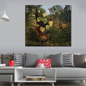 Dipinto a mano realistico paesaggio su tela Wall Art Lotta tra una tigre e un bufalo Henri Rousseau Pittura Sala da pranzo Decor