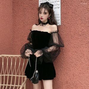 Günlük elbiseler elbise y2k siyah kadın mini etek seksi bayan tarzı pileli tüp üst tül uzun kollu omuz yaz kısa balo gotik