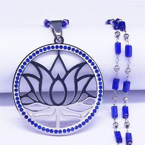 Pendant Necklaces Yoga Lotus Stainless Steel Blue Crystal Charm Silver Color Women/Men Statement Necklace Jewelry Bijoux Femme N105S07