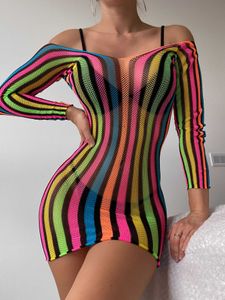 カジュアルドレスNning Fish Net Teddy Dress Semisheer Rainbow Striped Party Dress Women'sLingerie Dresses Z0612