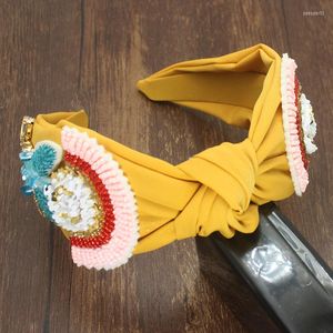 Fermagli per capelli fatti a mano fasce per capelli blu giallo di lusso larghe fascia per capelli con strass di fiori di cristallo colorato per accessori moda per ragazze da donna