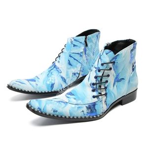 Fashion Blue Men's Boots Lace-up Blue Short Ankle Leather Boots Men Formell Business, Party and Wedding Boots Shoes Man!