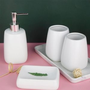 Setar nordiska badrumstillbehör Ställ in keramisk flytande tvåldispenser Pump Bottle Tandkräm Holder Cups Marmor Tray Washroom Clean Tool