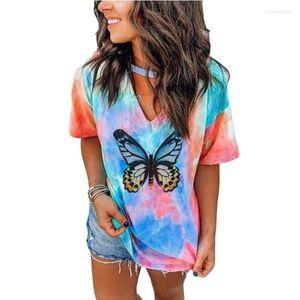 Women's T Shirts 2023 Summer Selling Women Clothing V-neck Tie-dye Butterfly Striped Printing Loose Ladies T-shirts Short Sleeves Top