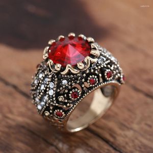 Cluster Rings Wbmqda Boho Red Crystal Big Ring For Woman Antique Gold Color Ethnic Bridal Vintage Wedding Jewelry Gifts 2023