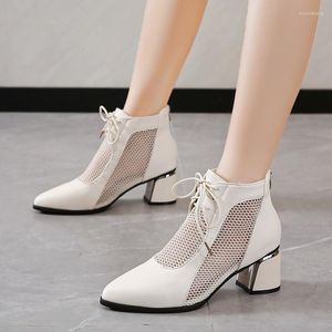 Dress Shoes 2023 Sandals Boots Woman High Heeled Summer Women Hollow Mesh Close Toe Thick Heel Back Zipper Black Grey