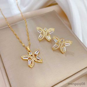 Pendant Necklaces European and American Crystal Zircon Butterfly 925 Silver Needle Earring Necklace for Women Elegant Bridal Wedding Jewelry Set R230612