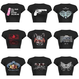 Damen T-Shirt Y2k Sexy Punk Vintage Gothic Schwarz T-Shirt 2000er Jahre Kleidung für Frauen Halloween Mode Crop Top O-Ausschnitt Kurzarm T-Shirt Streetwear 230612