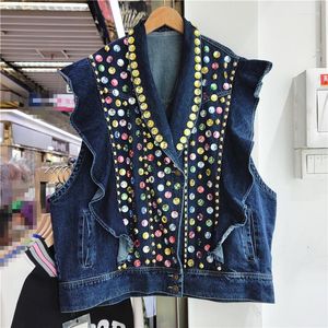 Kadın Yelekleri Yaz Moda Lüks Gems Denim Ceketler Kadın Şık Fırıltılı Tartış Gevşek Kolsuz Jean Ceket Giyim Kadın 2023
